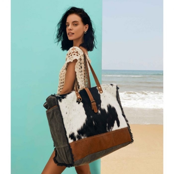 Myra Bag Handbags - Western Cowhide Leather Tote Bag Boho Shoulder Purse Everyday Carryall Weekender
